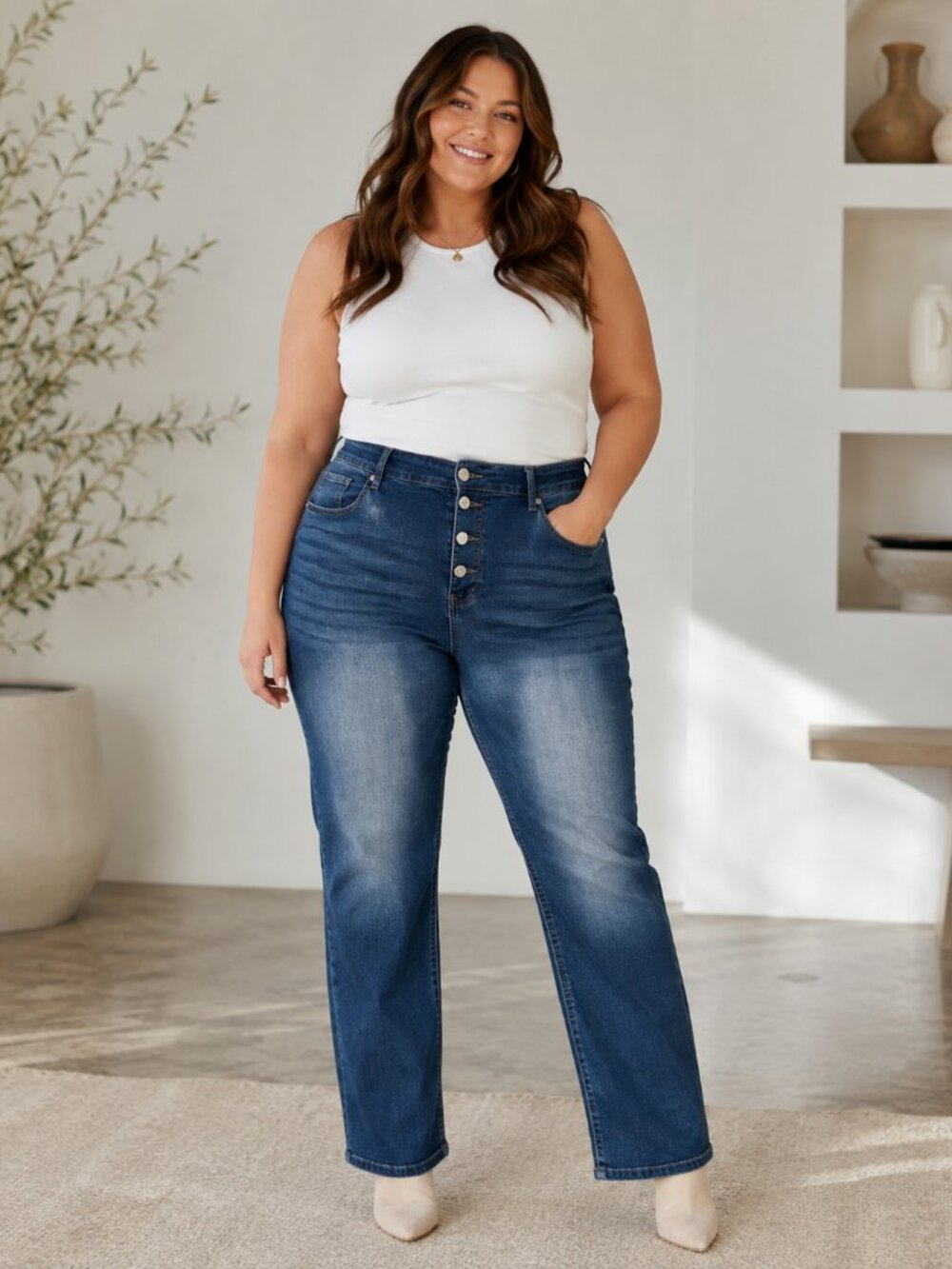 VIP Honey Blue Straight Leg Jeans Womens 5X Button Fly Stretch High Rise Denim